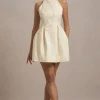 Costa | Ecru Jacquard High-Neck Mini Dress With Pleated Skirt