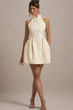 Costa | Ecru Jacquard High-Neck Mini Dress With Pleated Skirt