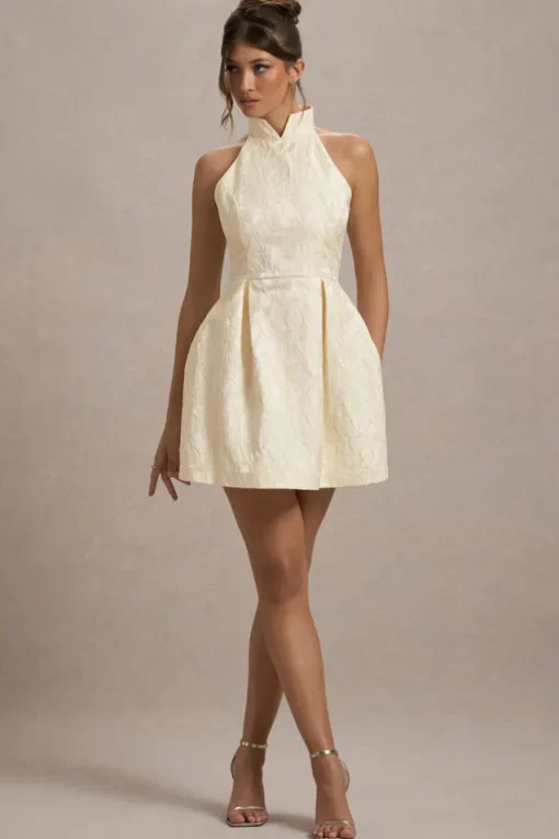 Costa | Ecru Jacquard High-Neck Mini Dress With Pleated Skirt