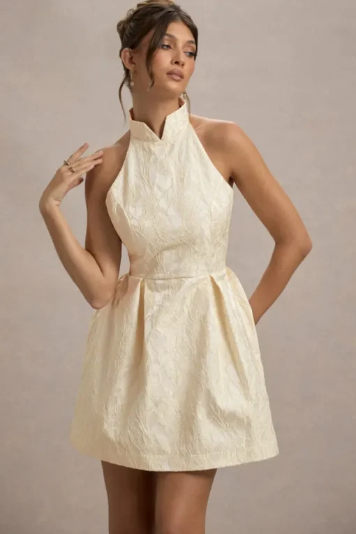 Costa | Ecru Jacquard High-Neck Mini Dress With Pleated Skirt
