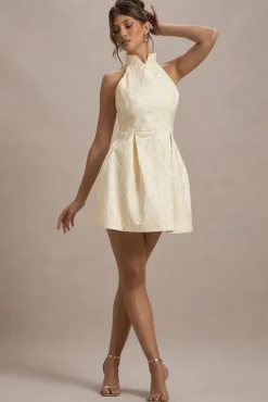 Costa | Ecru Jacquard High-Neck Mini Dress With Pleated Skirt
