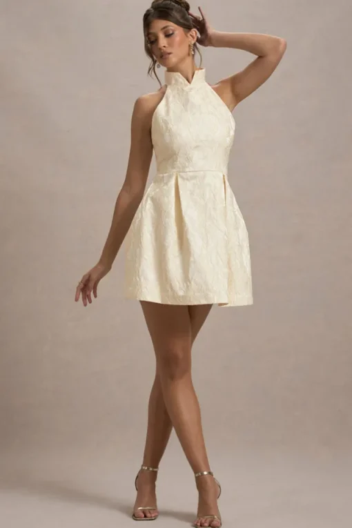 Costa | Ecru Jacquard High-Neck Mini Dress With Pleated Skirt