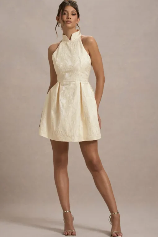 Costa | Ecru Jacquard High-Neck Mini Dress With Pleated Skirt