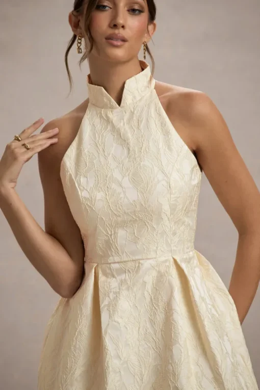 Costa | Ecru Jacquard High-Neck Mini Dress With Pleated Skirt