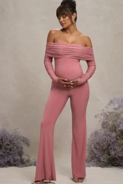 Count Down | Blush Pink Maternity Ruched Mesh Bardot Jumpsuit
