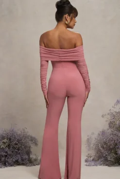 Count Down | Blush Pink Maternity Ruched Mesh Bardot Jumpsuit