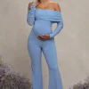 Count Down | Powder Blue Maternity Ruched Mesh Bardot Jumpsuit