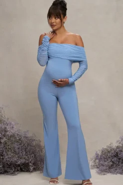 Count Down | Powder Blue Maternity Ruched Mesh Bardot Jumpsuit