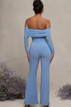 Count Down | Powder Blue Maternity Ruched Mesh Bardot Jumpsuit