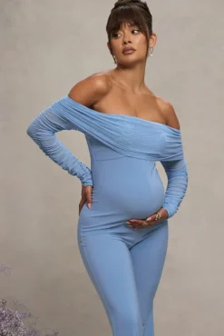 Count Down | Powder Blue Maternity Ruched Mesh Bardot Jumpsuit