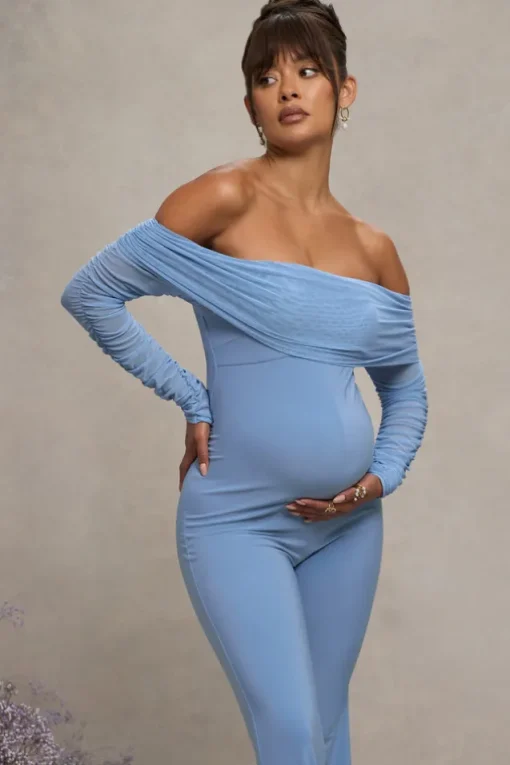 Count Down | Powder Blue Maternity Ruched Mesh Bardot Jumpsuit