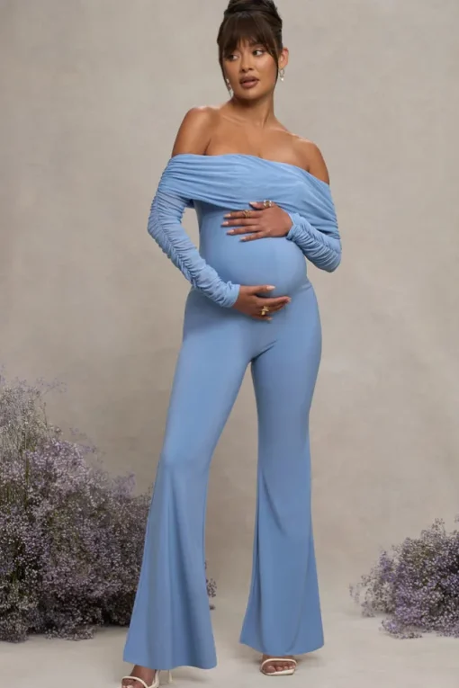 Count Down | Powder Blue Maternity Ruched Mesh Bardot Jumpsuit