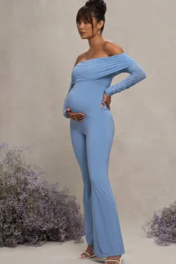 Count Down | Powder Blue Maternity Ruched Mesh Bardot Jumpsuit