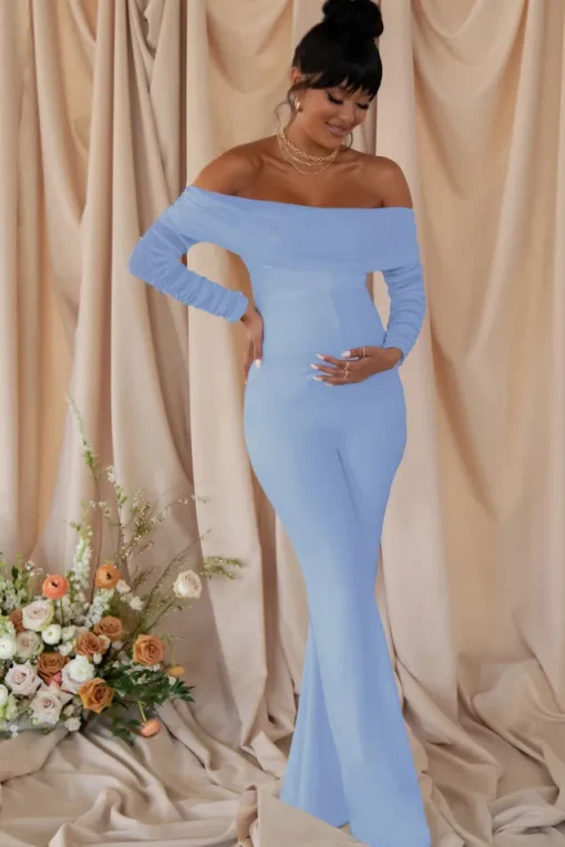 Count Down | Powder Blue Maternity Ruched Mesh Bardot Jumpsuit