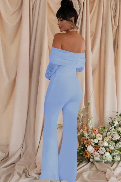 Count Down | Powder Blue Maternity Ruched Mesh Bardot Jumpsuit