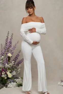 Count Down | White Maternity Ruched Mesh Bardot Jumpsuit