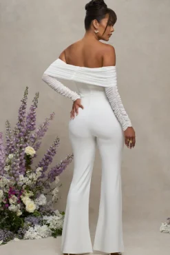 Count Down | White Maternity Ruched Mesh Bardot Jumpsuit