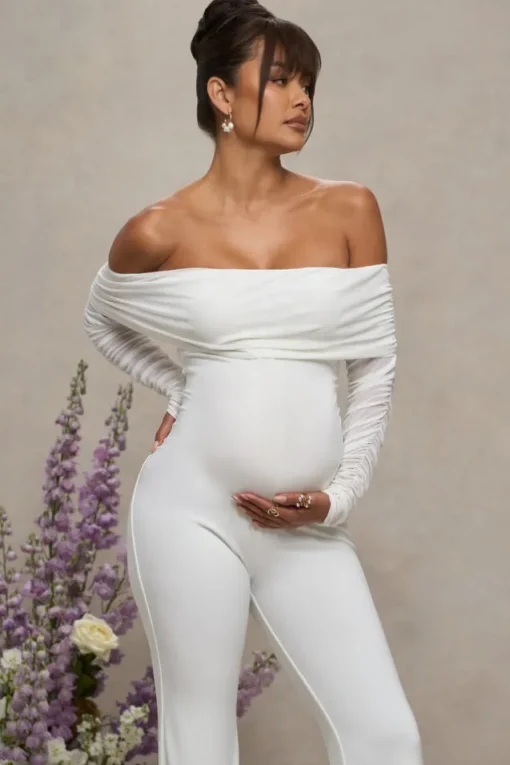 Count Down | White Maternity Ruched Mesh Bardot Jumpsuit