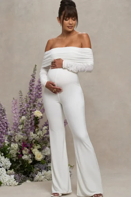 Count Down | White Maternity Ruched Mesh Bardot Jumpsuit