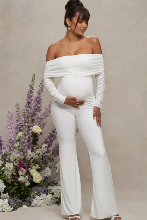 Count Down | White Maternity Ruched Mesh Bardot Jumpsuit