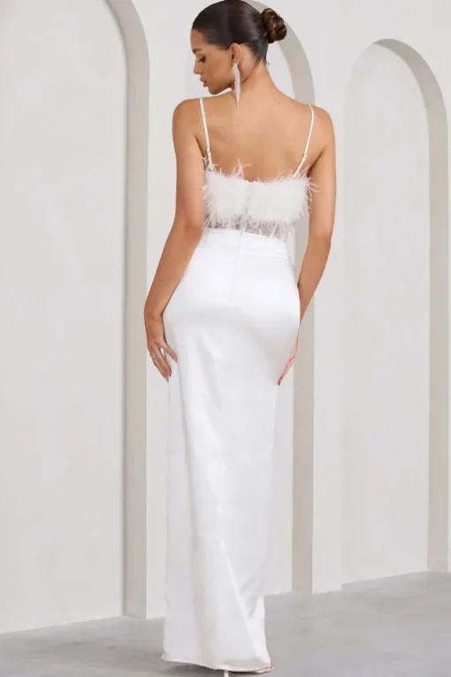 Countess | White Lace Corset Maxi Dress With Feather Trim