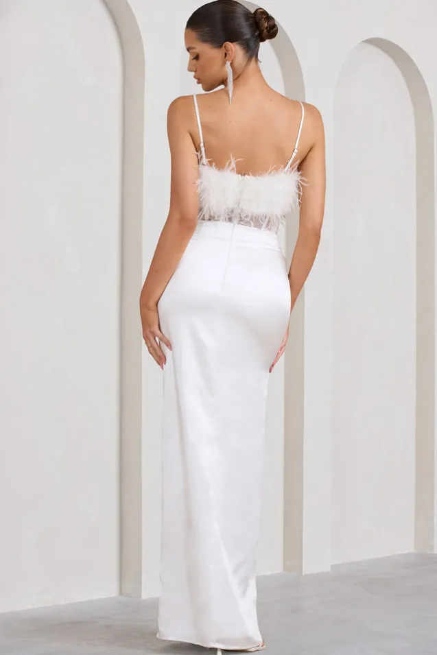 Countess | White Lace Corset Maxi Dress With Feather Trim