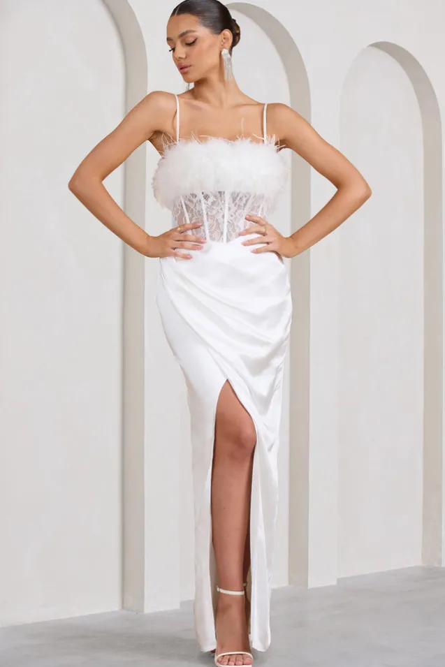 Countess | White Lace Corset Maxi Dress With Feather Trim