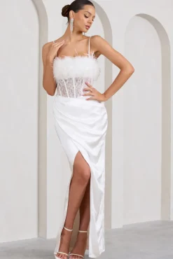 Countess | White Lace Corset Maxi Dress With Feather Trim