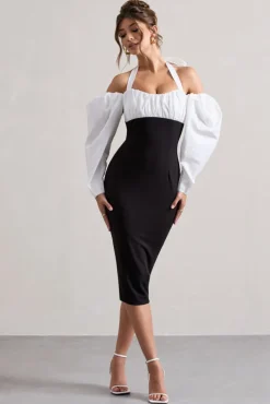 Couture Client | Black Halter-Neck Puff Sleeve Midi Dress