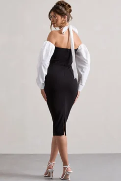 Couture Client | Black Halter-Neck Puff Sleeve Midi Dress