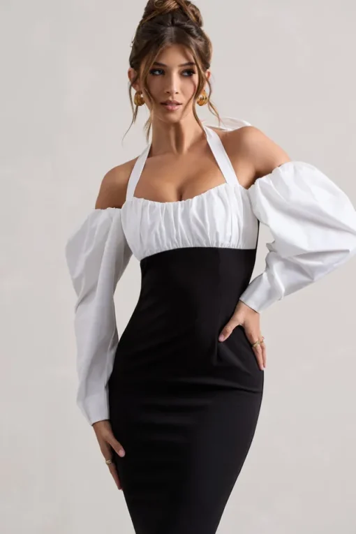 Couture Client | Black Halter-Neck Puff Sleeve Midi Dress