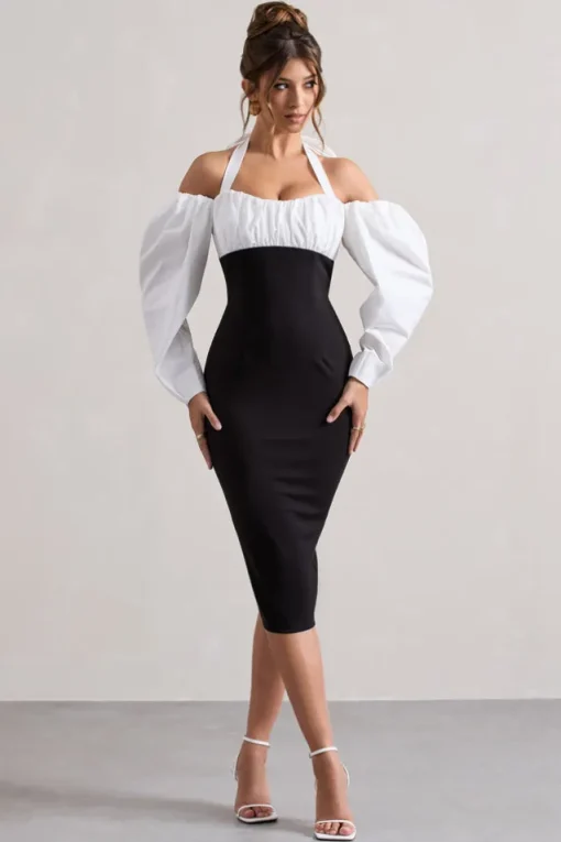 Couture Client | Black Halter-Neck Puff Sleeve Midi Dress