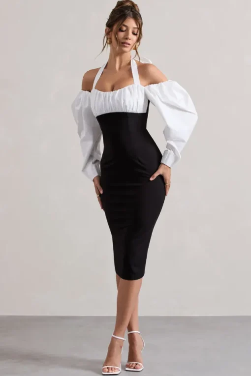 Couture Client | Black Halter-Neck Puff Sleeve Midi Dress