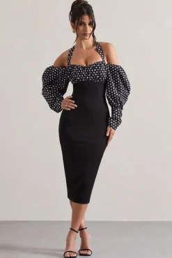 Couture Client | Black u0026 White Polka Dot Halter-Neck Puff Sleeve Midi Dress