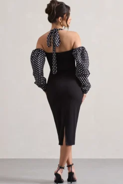 Couture Client | Black u0026 White Polka Dot Halter-Neck Puff Sleeve Midi Dress