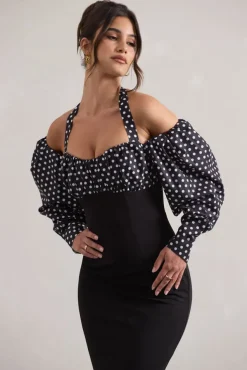 Couture Client | Black u0026 White Polka Dot Halter-Neck Puff Sleeve Midi Dress