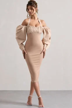 Couture Client | Champagne Halter-Neck Puff Sleeve Midi Dress