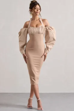 Couture Client | Champagne Halter-Neck Puff Sleeve Midi Dress