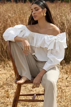 Cove | White Bardot Puff-Sleeve Ruffle Top With Bows