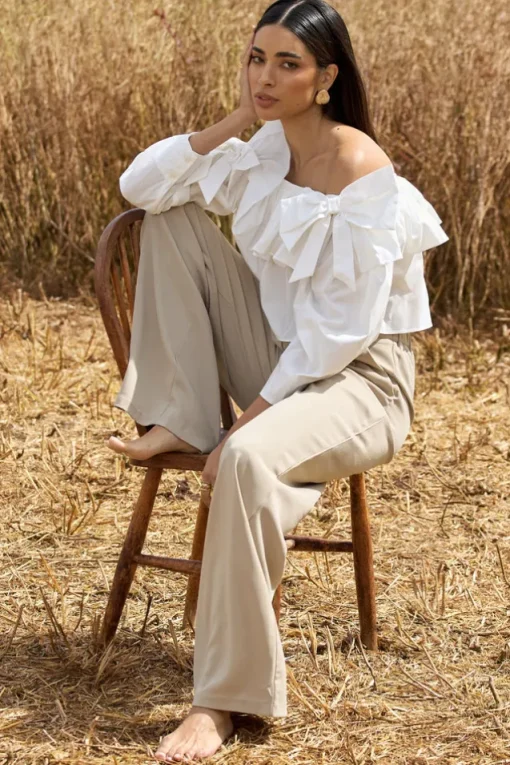 Cove | White Bardot Puff-Sleeve Ruffle Top With Bows