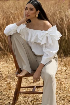 Cove | White Bardot Puff-Sleeve Ruffle Top With Bows