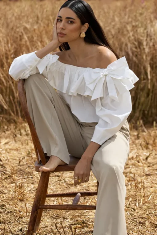 Cove | White Bardot Puff-Sleeve Ruffle Top With Bows
