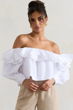 Cove | White Bardot Puff-Sleeve Ruffle Top With Bows