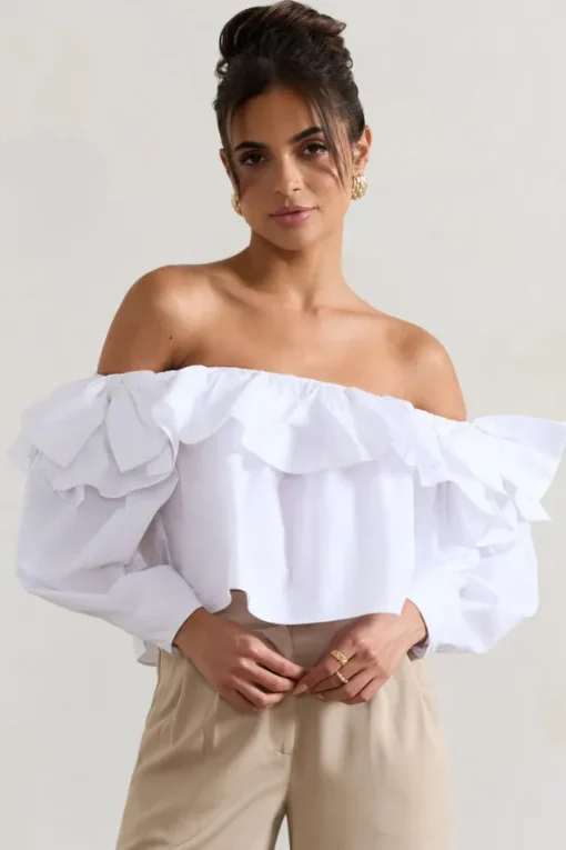 Cove | White Bardot Puff-Sleeve Ruffle Top With Bows