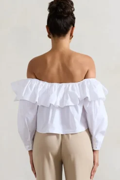 Cove | White Bardot Puff-Sleeve Ruffle Top With Bows