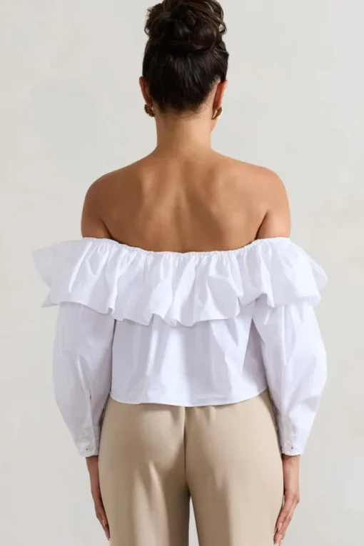 Cove | White Bardot Puff-Sleeve Ruffle Top With Bows