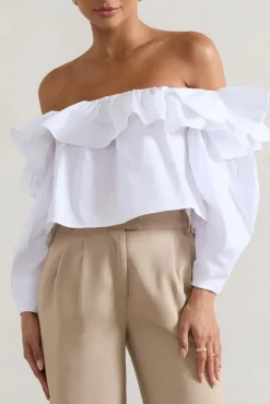 Cove | White Bardot Puff-Sleeve Ruffle Top With Bows
