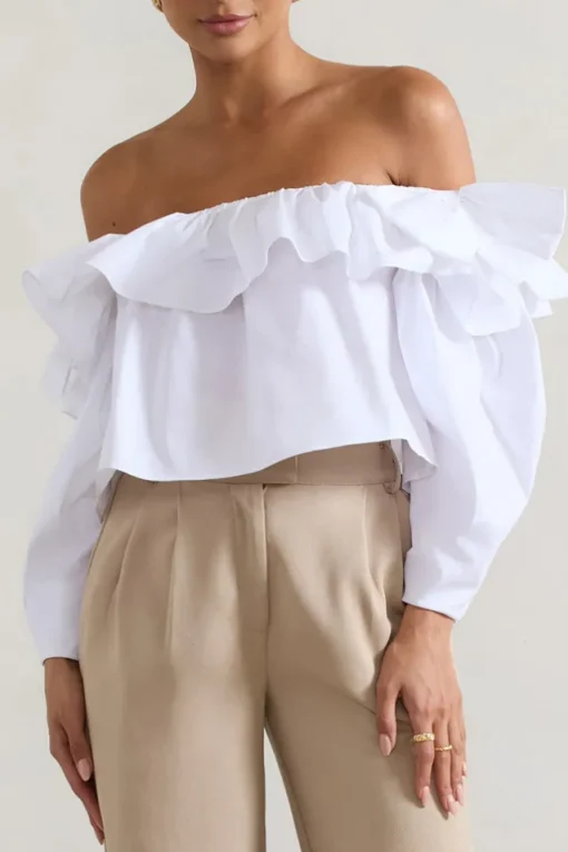 Cove | White Bardot Puff-Sleeve Ruffle Top With Bows