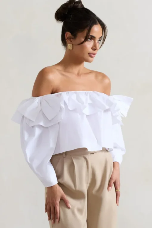 Cove | White Bardot Puff-Sleeve Ruffle Top With Bows