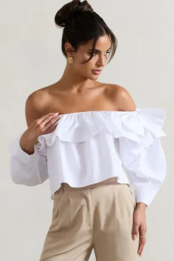 Cove | White Bardot Puff-Sleeve Ruffle Top With Bows